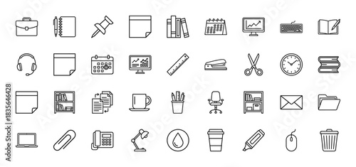 Business and office supplies line icon set. vector pictograms of briefcase, calendar, laptop, and stapler, thin outline illustration.