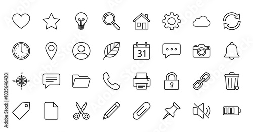 Universal user interface line icon set. Vector pictograms of heart, home, settings, clock, calendar, camera, and security, thin outline illustration.