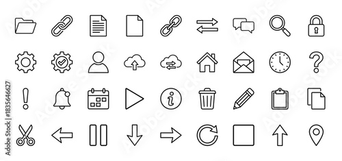 Interface and user experience line icon set. Vector pictograms of settings, folder, link, email, chat, security, clock, and navigation arrows, thin outline illustration.