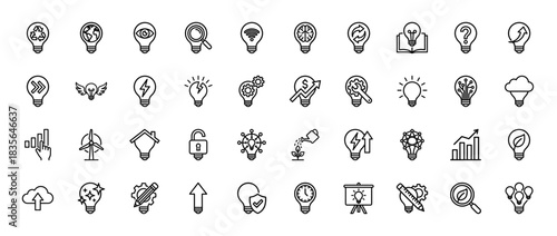 Innovation and creative idea line icon set. Vector pictograms of light bulbs, problem-solving, analysis, and development concepts, thin outline illustration.