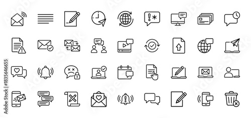 Communication and notification line icon set. Vector pictograms of email, message, clock, alert, and writing, editable stroke illustration.