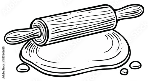 Hand drawn rolling pin flattening dough with flour sprinkles