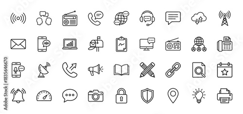 Communication technology line icon set. Vector pictograms of radio, phone, chat, network, and wireless transmission, thin outline illustration.