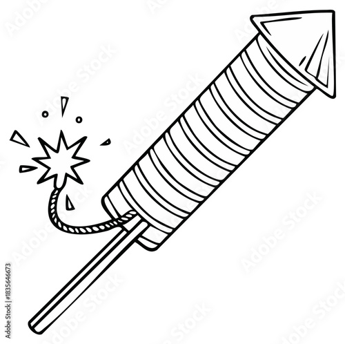 Illustration of a simple rocket with a lit fuse to represent celebration, fireworks, and holidays