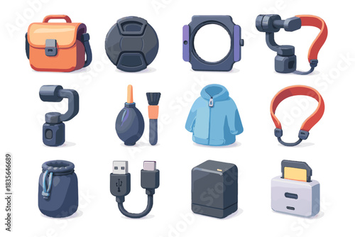 Bag battery pouch icons accessory reader cover photography vector lens cable spare