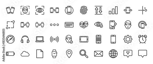 Mobile technology and security line icon set. Vector pictograms of face id, fingerprint, smartphone, and sync, thin outline illustration.