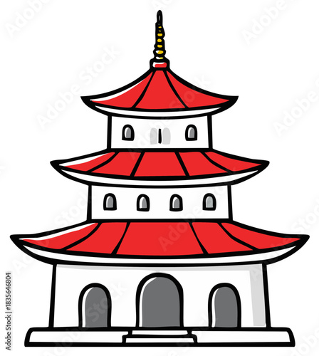 Cartoon Illustration of a Traditional Red and White Asian Pagoda Tower