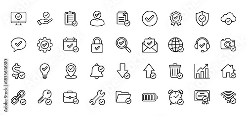 Business and security line icon set. Vector pictograms of document, calendar, lock, settings, and checkmark symbols, thin outline illustration.