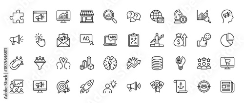 Marketing and business line icon set. Vector pictograms of megaphone, chart, target, funnel, and strategy, thin outline illustration.