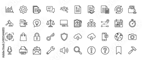 Business and legal services line icon set. Vector pictograms of analysis, documents, communication, and planning, thin outline illustration.