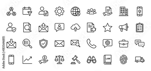 Corporate and finance line icon set. Vector pictograms of team, documents, calendar, charts, and law, thin outline illustration.