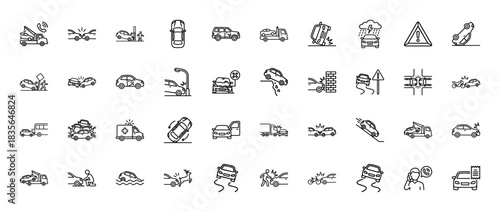 Automobile car crash and accident line icon set. Vector pictograms of tow truck, rollover, collision, street lamp hit, and weather-related incidents, thin outline illustration.