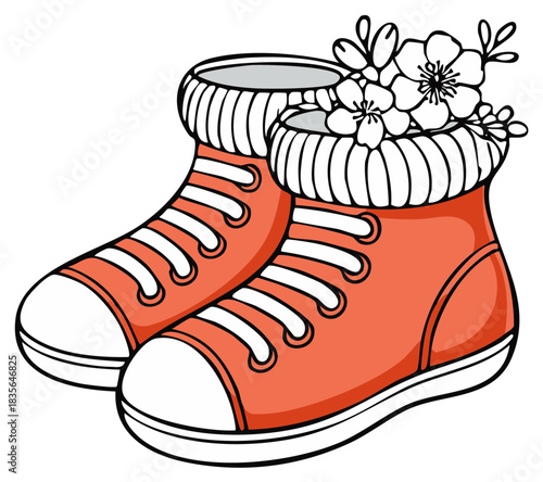 Vibrant sneakers filled with charming flowers, creating whimsical, artistic fashion illustration