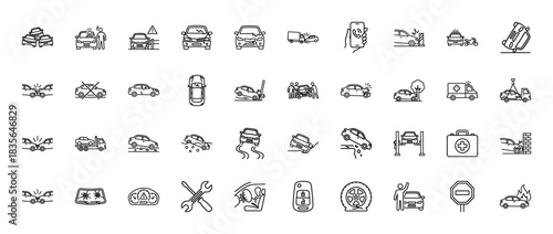 Vehicle accident and insurance line icon set. vector pictograms of crash, collision, rollover, damaged car, and emergency services, thin outline illustration.