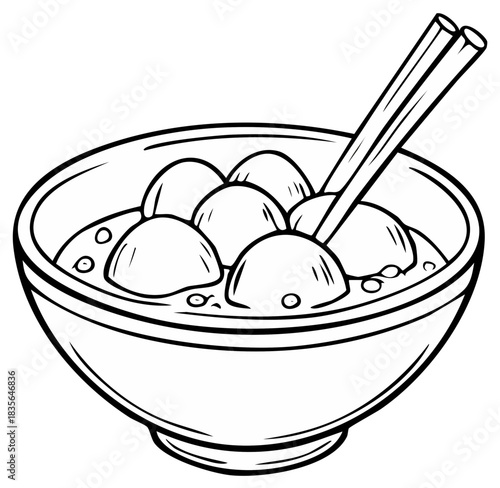 Black and white cartoon illustration of a bowl of Asian meatball soup with chopsticks