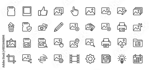 Photography and image editing line icon set. Vector pictograms of picture file, memory card, camera, printer, and editing tools, thin outline illustration.