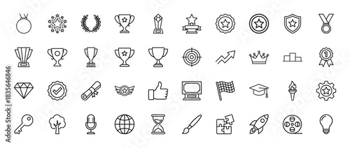 Achievement, success, and education line icon set. Vector pictograms of trophies, medals, diplomas, and goals, thin outline illustration.