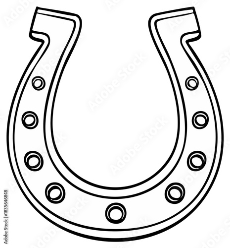 Simple black and white outline of a horseshoe with nail holes