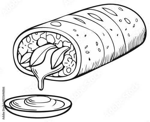 Burrito Illustration:  Outlined burrito spilling filling onto a plate, black and white.