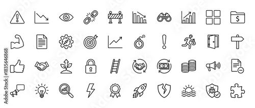 Business strategy and risk line icon set. Vector pictograms of growth, risk, finance, security, and success, thin outline illustration.