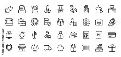 Business and commerce line icon set. Vector pictograms of delivery box, briefcase, piggy bank, credit card, and marketplace, thin outline illustration.
