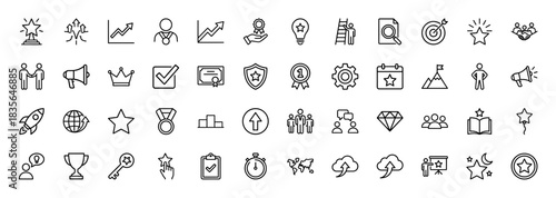 Business success and achievement line icon set. vector pictograms of awards, growth, victory, star, target, and leadership, thin outline illustration.