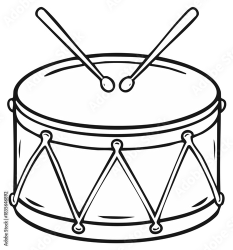 Stylized line art illustration of a single musical drum with two drumsticks for rhythm and percussion