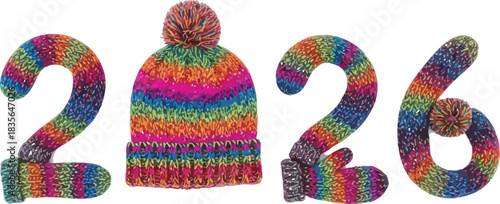 Knitted numbers 2026 with a colorful winter hat replacing zero