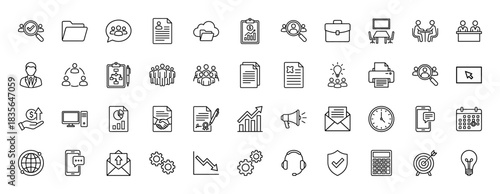Business and office line icon set. Vector pictograms of teamwork, document, folder, calendar, and analytics, thin outline illustration.