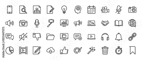 Digital communication and media line icon set. Vector pictograms of smartphone, calendar, camera, chart, and editing tools, thin outline illustration.
