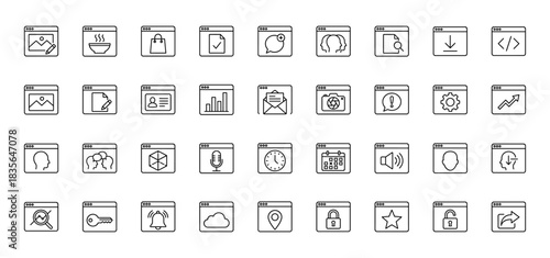 Application interface line icon set. Vector pictograms of settings, photo, chat, profile, and download, thin outline illustration.