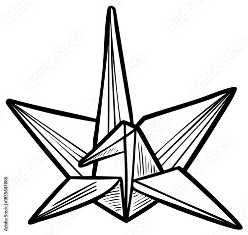 Stylized Origami Crane Bird Illustration Black and White Artistic Drawing