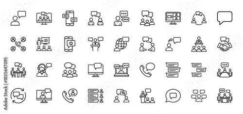 Communication line icon set. Vector pictograms of chat, conference, speaking, support, and discussion, thin outline illustration.