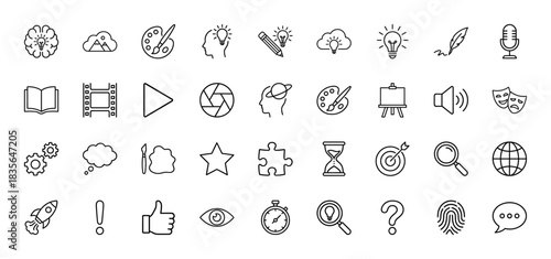Creative idea and art line icon set. Vector pictograms of brain, lightbulb, palette, pencil, book, camera, easel, target, globe, and rocket, thin outline illustration.