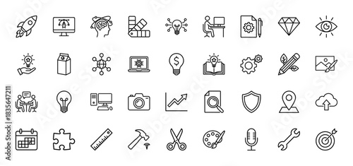Creative business and technology line icon set. Vector pictograms of rocket, brain, palette, lightbulb, and diamond, thin outline illustration.