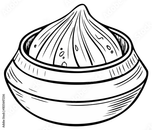 Dumpling in Bamboo Steamer Basket Black and White Illustration Asian Cuisine