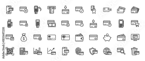 Finance and payment line icon set. Vector pictograms of credit cards, pos terminal, atm, wallet, and money bag, thin outline illustration.