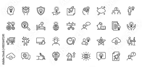Creative idea generation line icon set. Vector pictograms of lightbulbs, brains, rockets, and people collaborating, thin outline illustration.