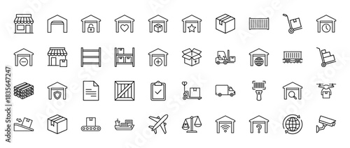 Logistics and warehousing line icon set. Vector pictograms of store, warehouse, forklift, cargo, and delivery, thin outline illustration.