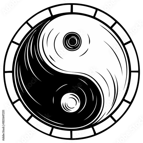 Black and White Yin Yang Symbol with Circle and Eye Shaped Details Surrounded by Rectangle Pattern