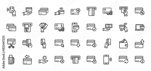 Finance and payment line icon set. Vector pictograms of credit cards, atm, contactless nfc, wallet, and money, thin outline illustration.