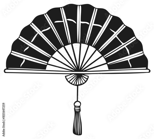 Elegant Asian folding hand fan with a decorative tassel in black and white line art style