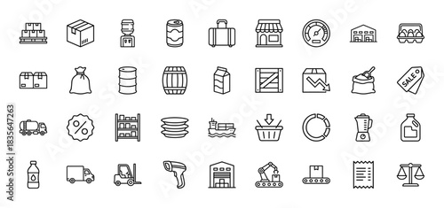 Logistics and supply chain line icon set. vector pictograms of delivery trucks, warehouse, boxes, and forklift, thin outline illustration.