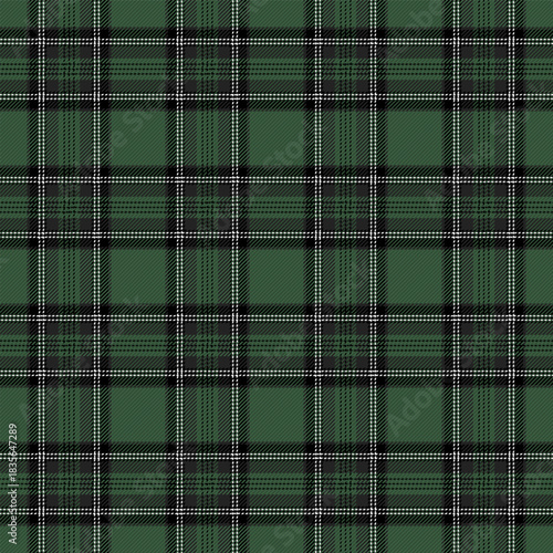 Christmas and new year tartan plaid. Scottish pattern in black, green and white cage. Scottish cage. Traditional Scottish checkered background. Seamless fabric texture. Vector illustration