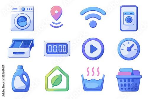 Icons spin display softener smart digital vector basket laundry icon energy temperature