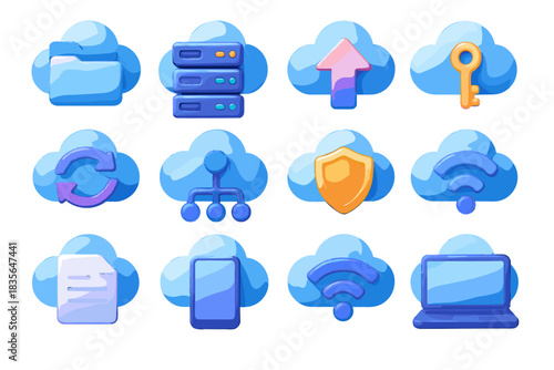 Storage server vector cloud encryption signal arrow shield folder connection icon network
