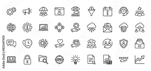 Business management and marketing line icon set. Vector pictograms of settings, megaphone, funnel, chart, and gears, thin outline illustration.