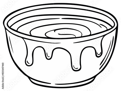 Simple line drawing illustration of a bowl filled with swirling liquid dripping down the sides