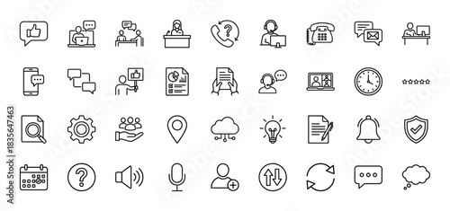 Customer service and support line icon set. Vector pictograms of feedback, chat, call, time, and team, thin outline illustration.