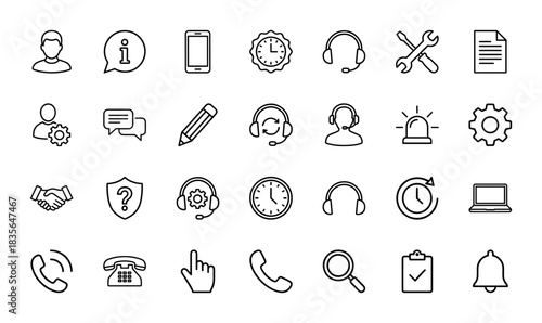 Customer service and support line icon set. Vector pictograms of headset, phone, user, information, and setting, thin outline illustration.